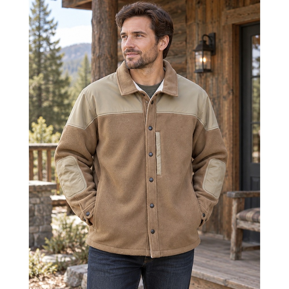 Orvis Mens Medium Fleece Shirt Jacket Brown Tan Snap Front Nylon Elbow Patches